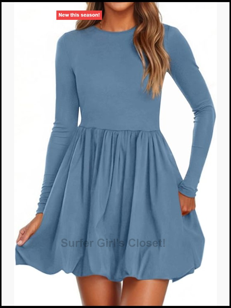 Long Sleeve A-Line Mini Dress With Pockets Cute Bubble Dress Casual